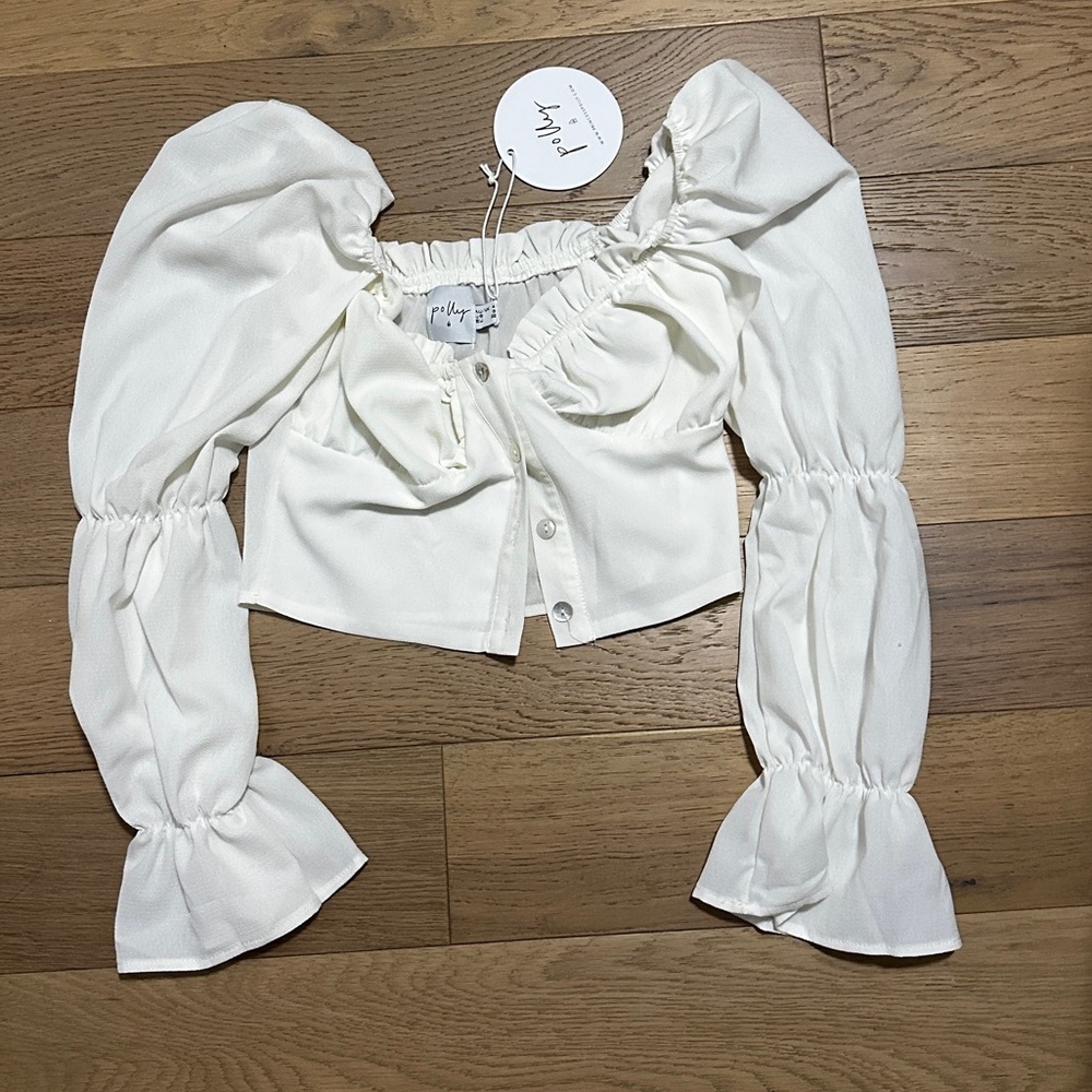 Princess Polly white top puff ruched sleeve